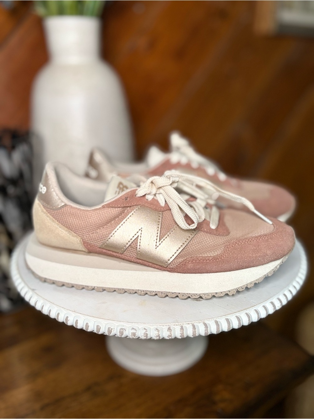 New Balance Women’s Blush Pink and Beige Lace-Up Sneakers